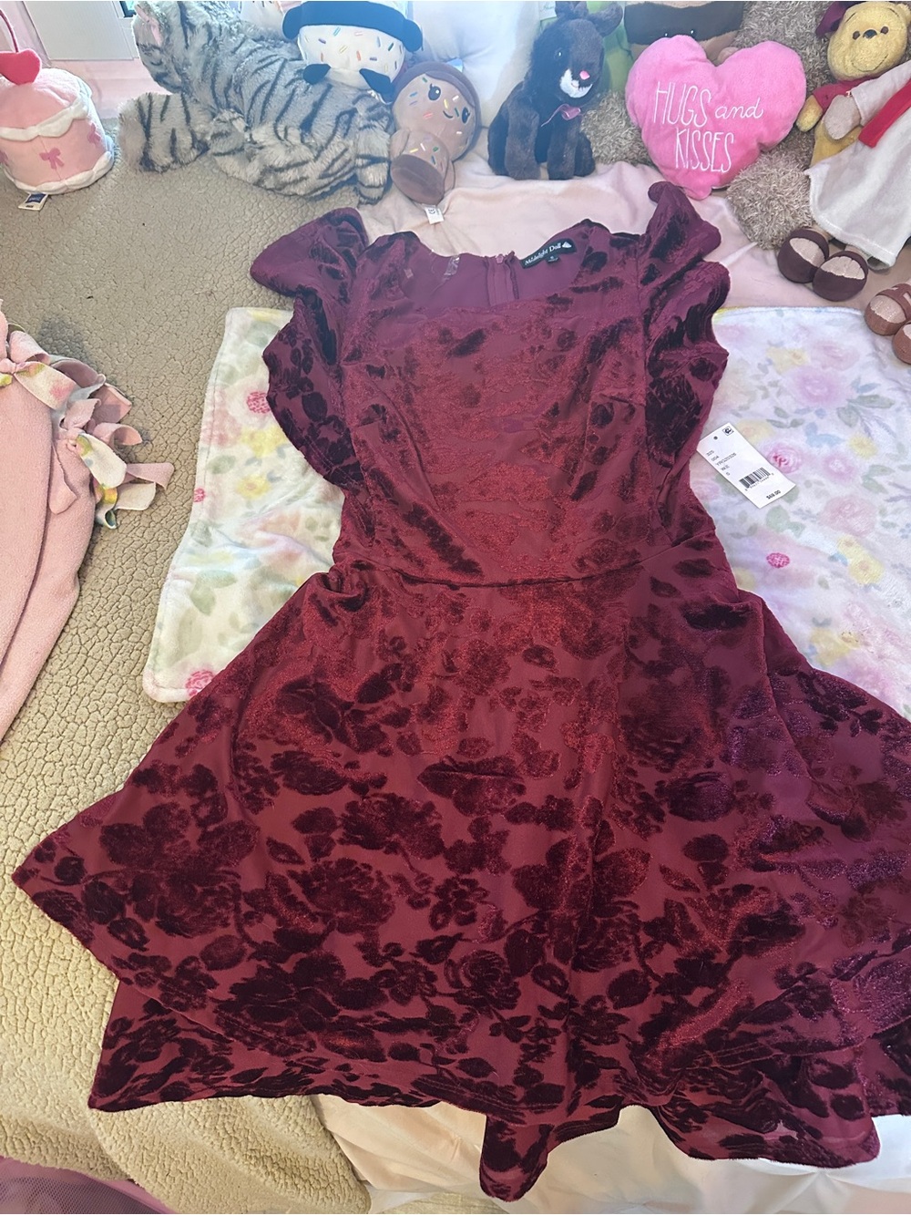 Girls Burgundy Velvet Floral Fit & Flare Dress